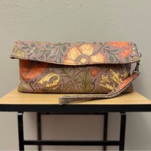 Taupe Fold-Over Floral Clutch Bag – Approx. 10" Wide GUC